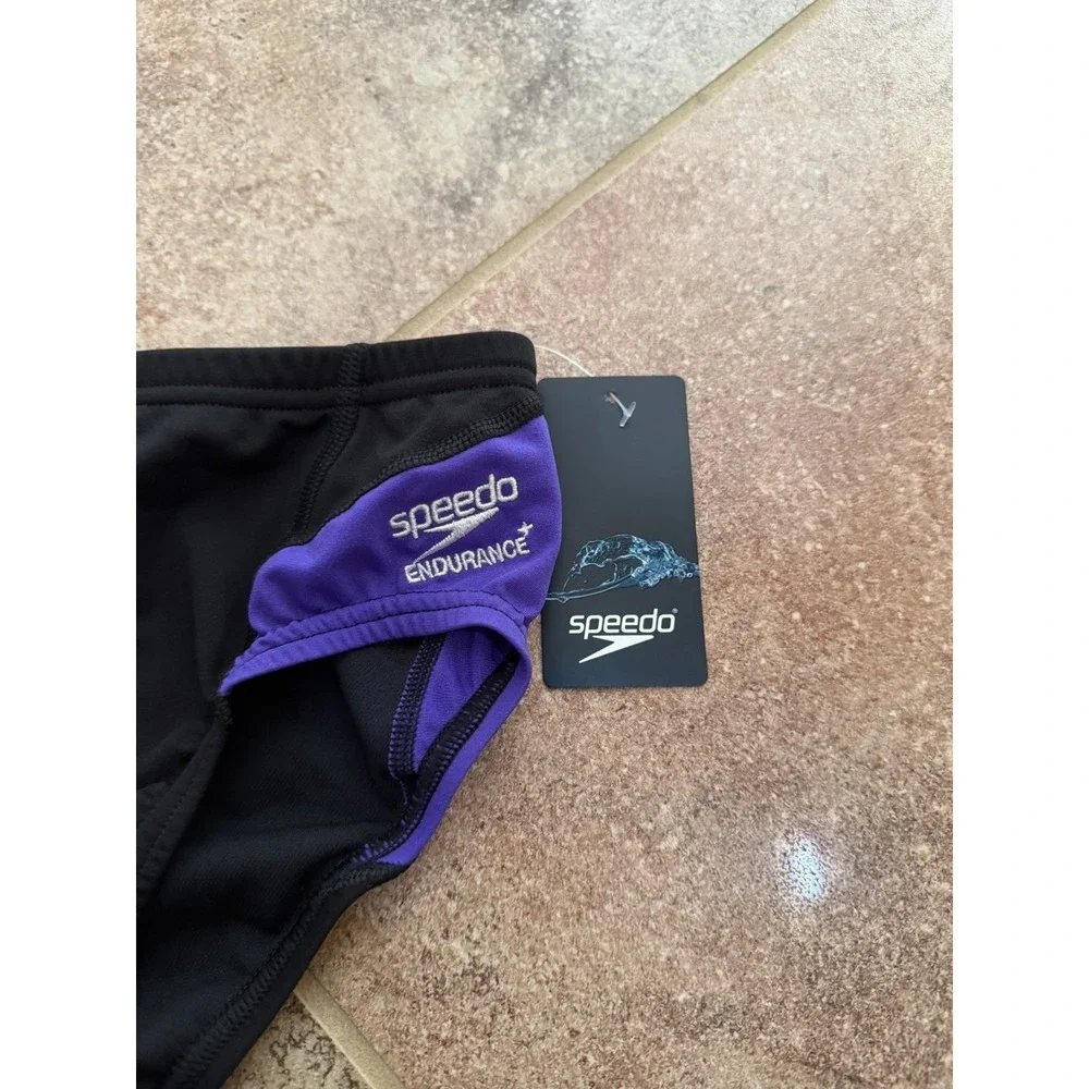 Men's Speedo Black & Purple Endurance+ Spark Splice Brief Size 28 NWT - Picture 2 of 5